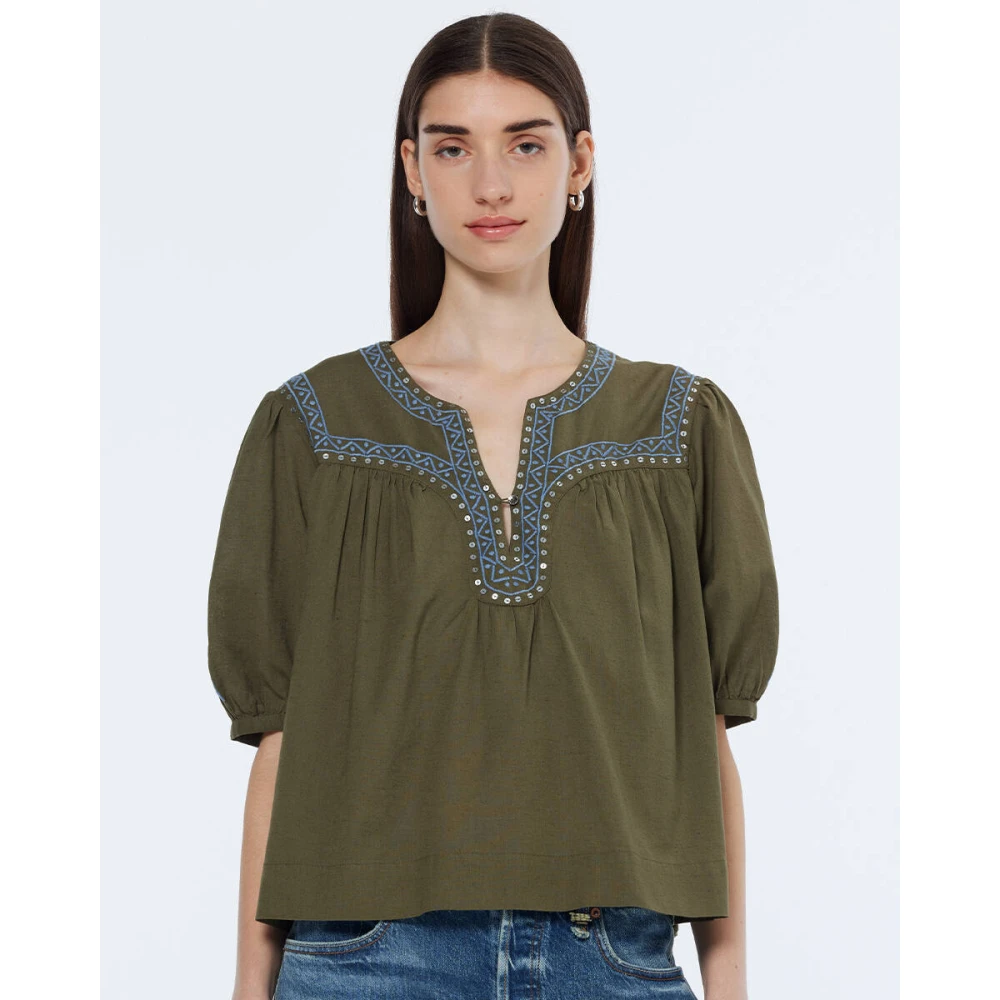 Scotch & Soda Geborduurde Top Blouse Lange Mouw Green Dames