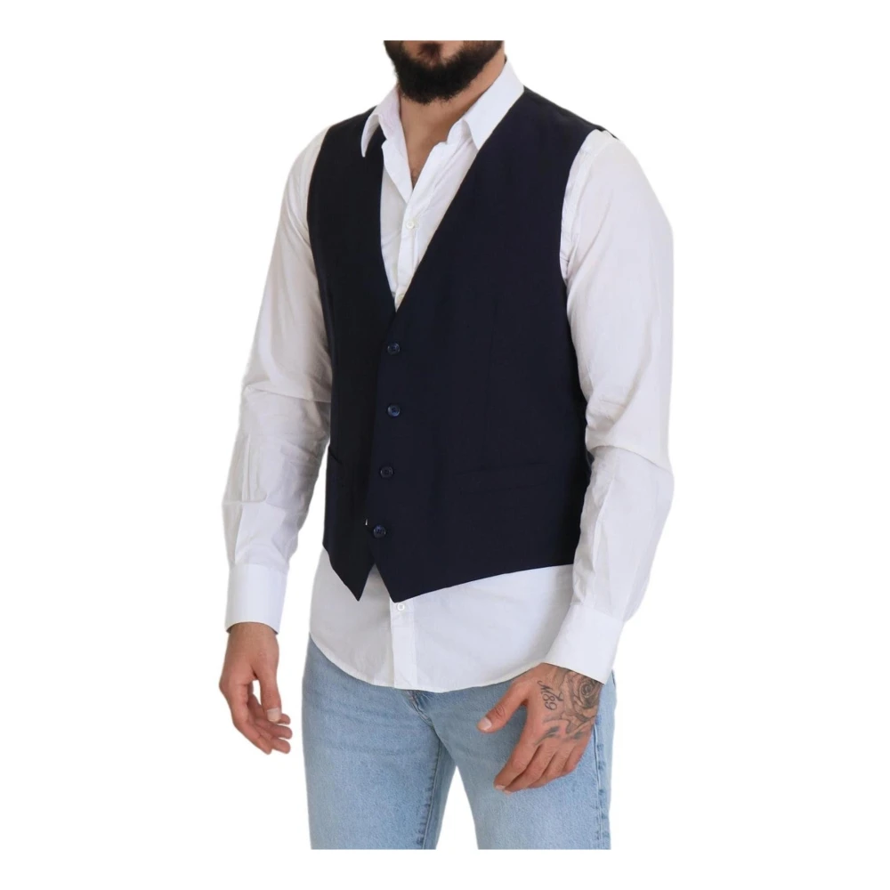 Dolce & Gabbana Wollen Vest met Logodetails in Donkerblauw Blue Heren