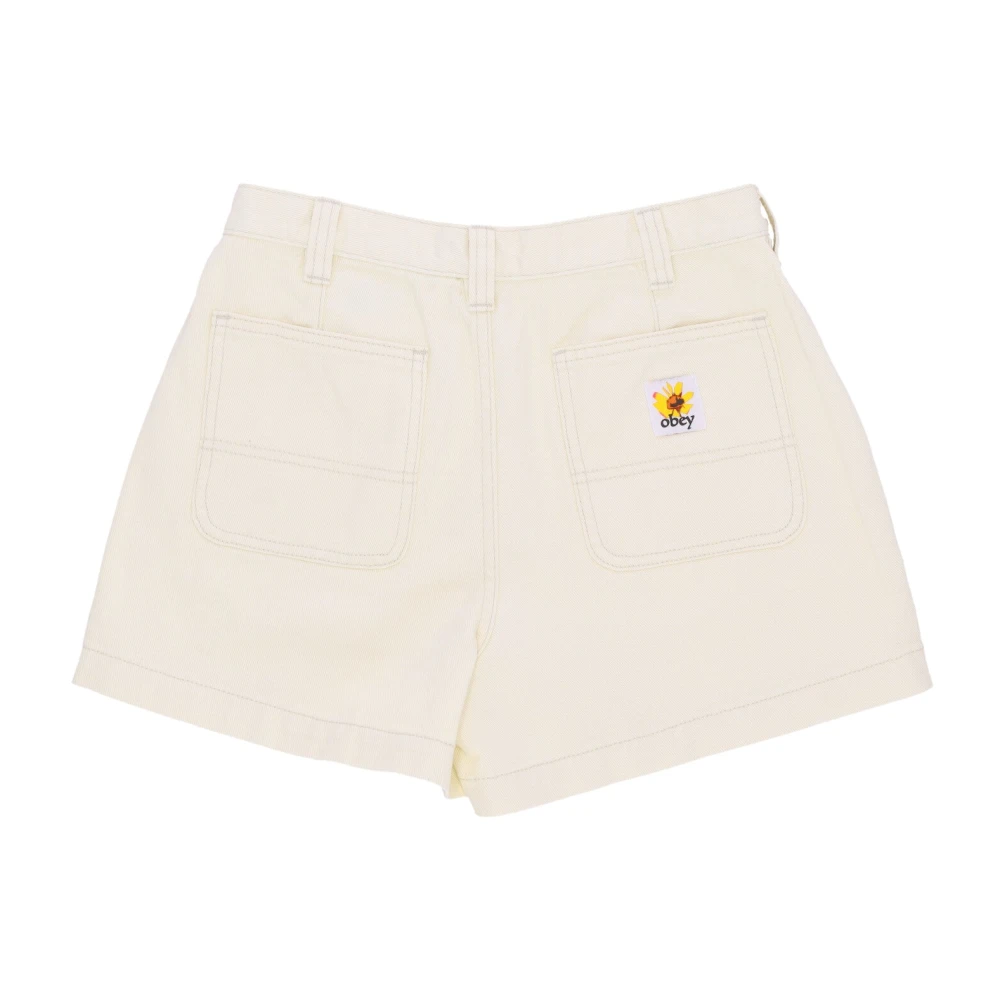Obey Denim Shorts met Logoed Taille Sluiting Beige Dames