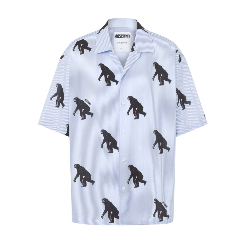 Moschino Mannelijk Blauw Overhemden Heren, M, Katoen, Gestreept Grafisch Print Shirt
