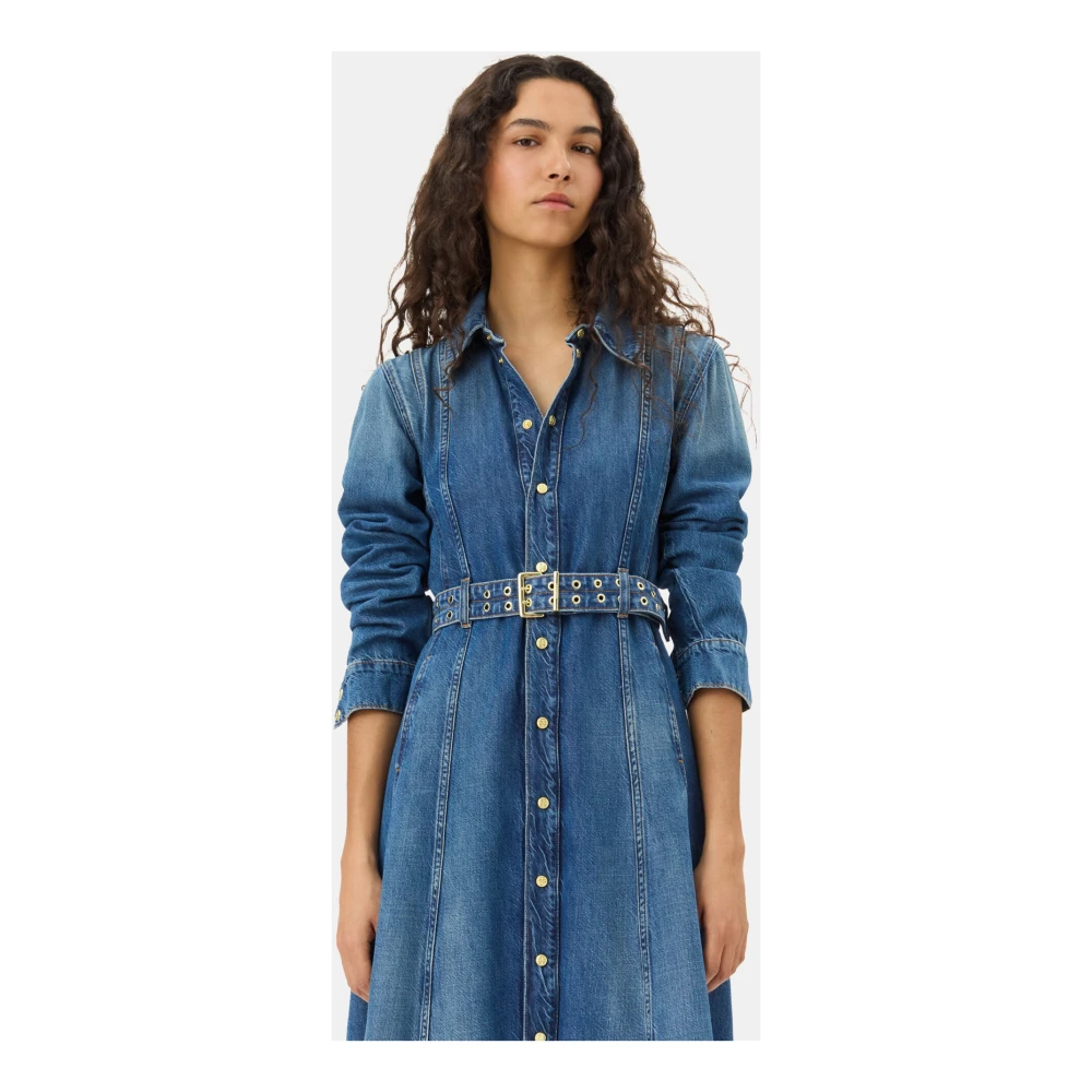 Ganni Blauwe Denim Maxi Jurk met Kraag Blue Dames