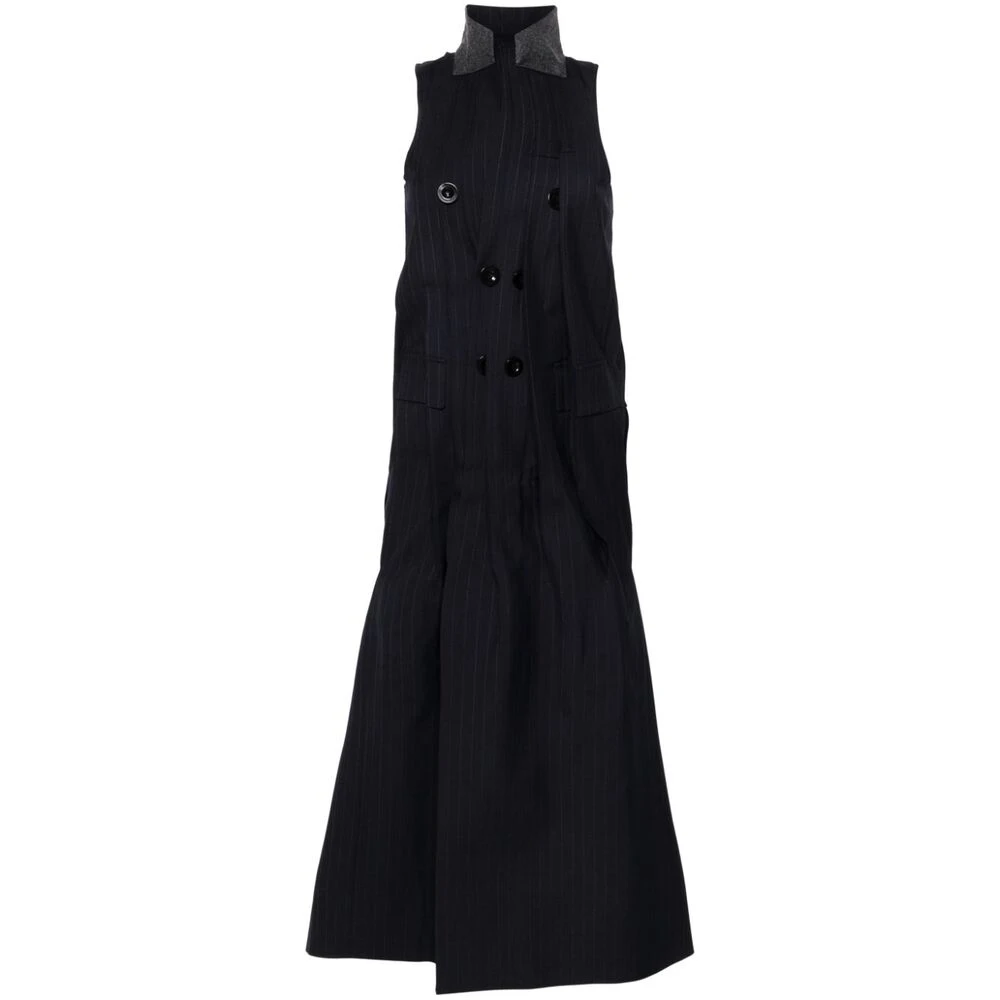 Sacai Zwarte Mouwloze Jurk met Pinstripe en Plooien Black Dames