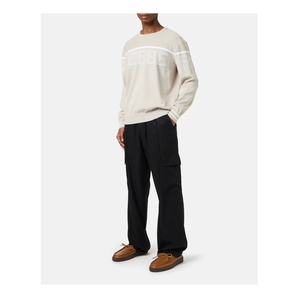Iceberg Ijskleurige crewneck sweater in Mak� katoen met tweekleurig jacquardwerk Beige Heren