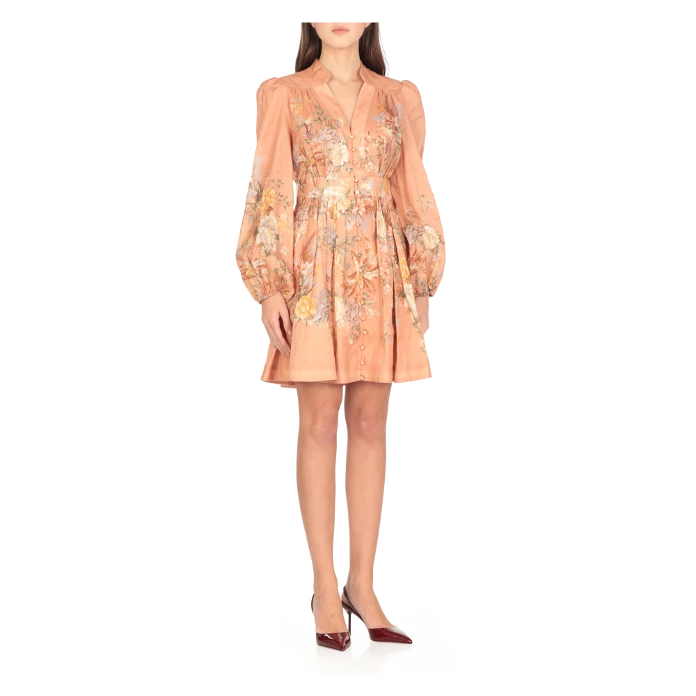 Zimmermann Oranje Linnen Bloemenjurk V-Hals Orange Dames