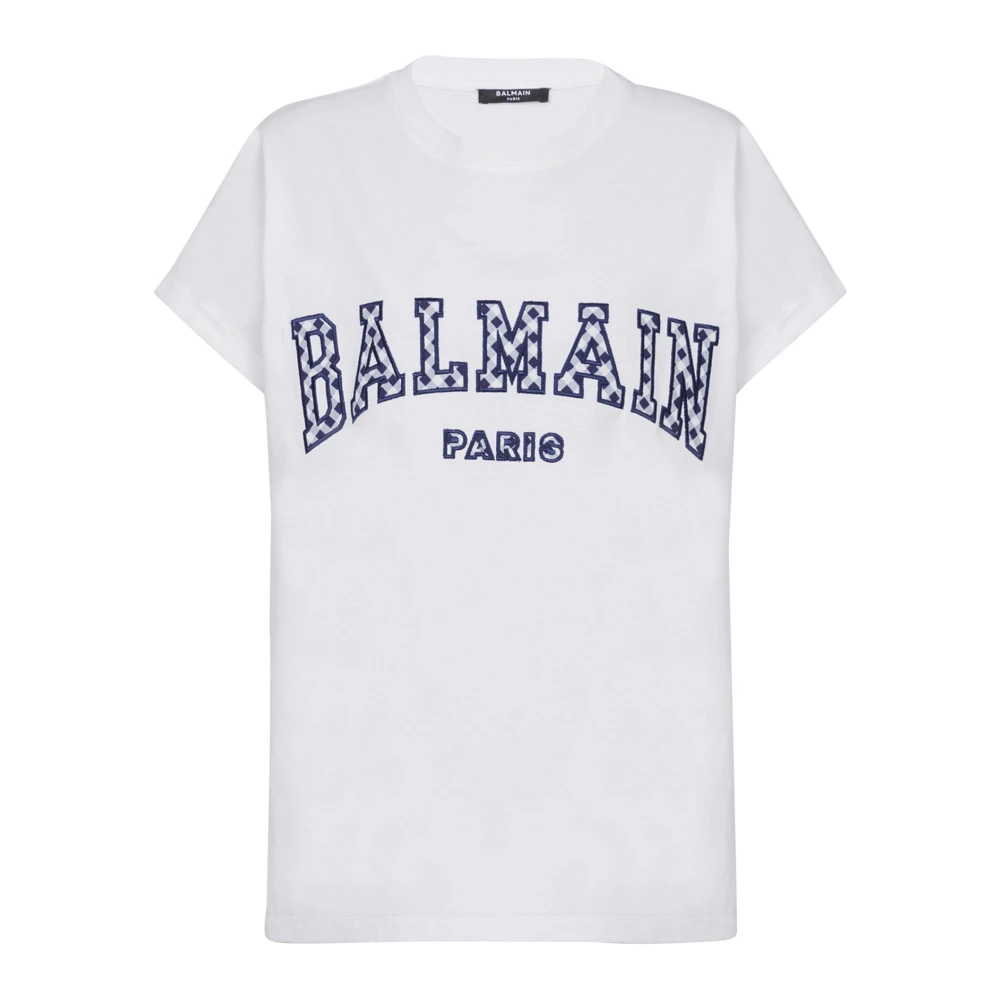 Balmain T-shirt med gingham mönster i Paris design White, Dam