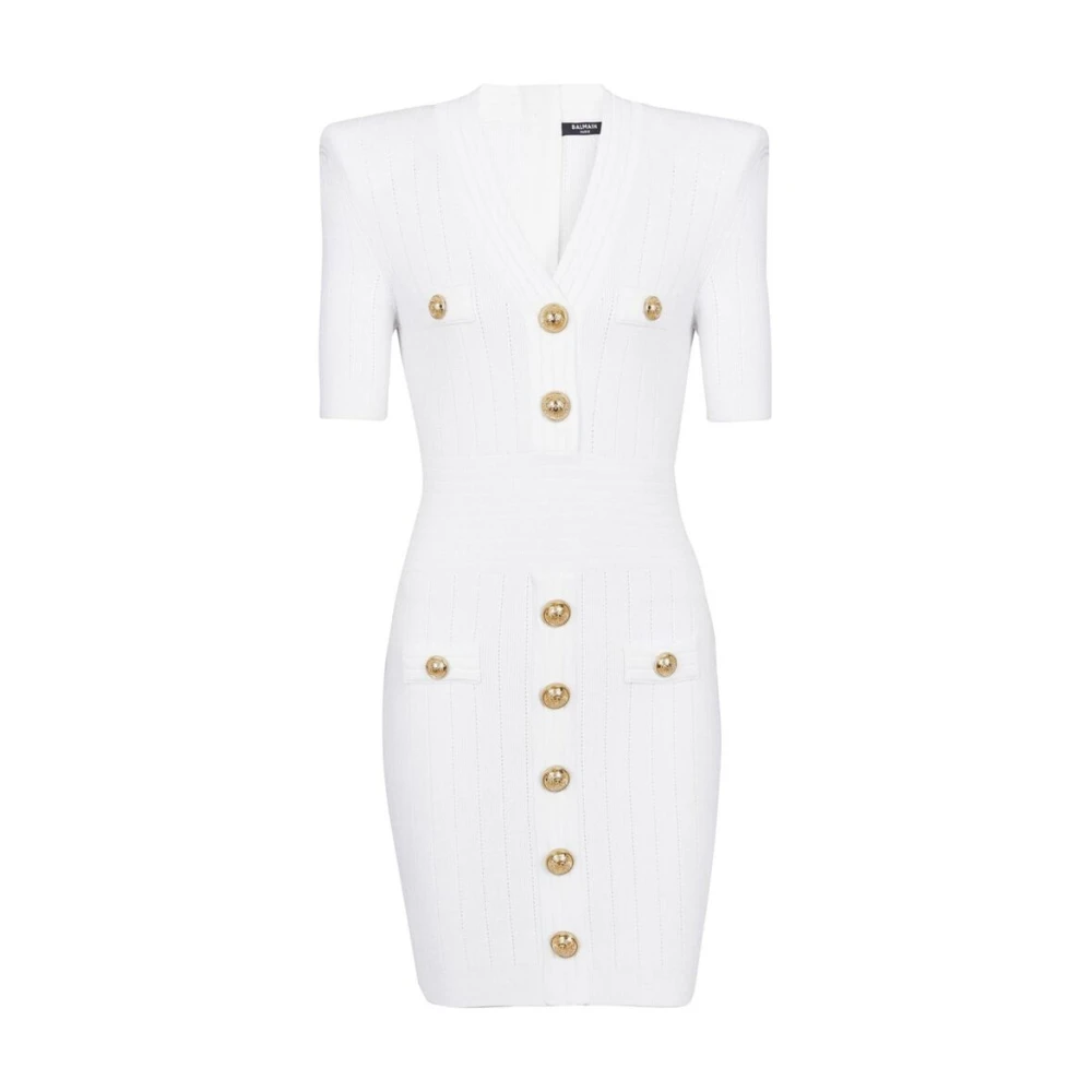 Balmain Witte Gebreide V-Hals Jurk met Goudkleurige Knopen White Dames