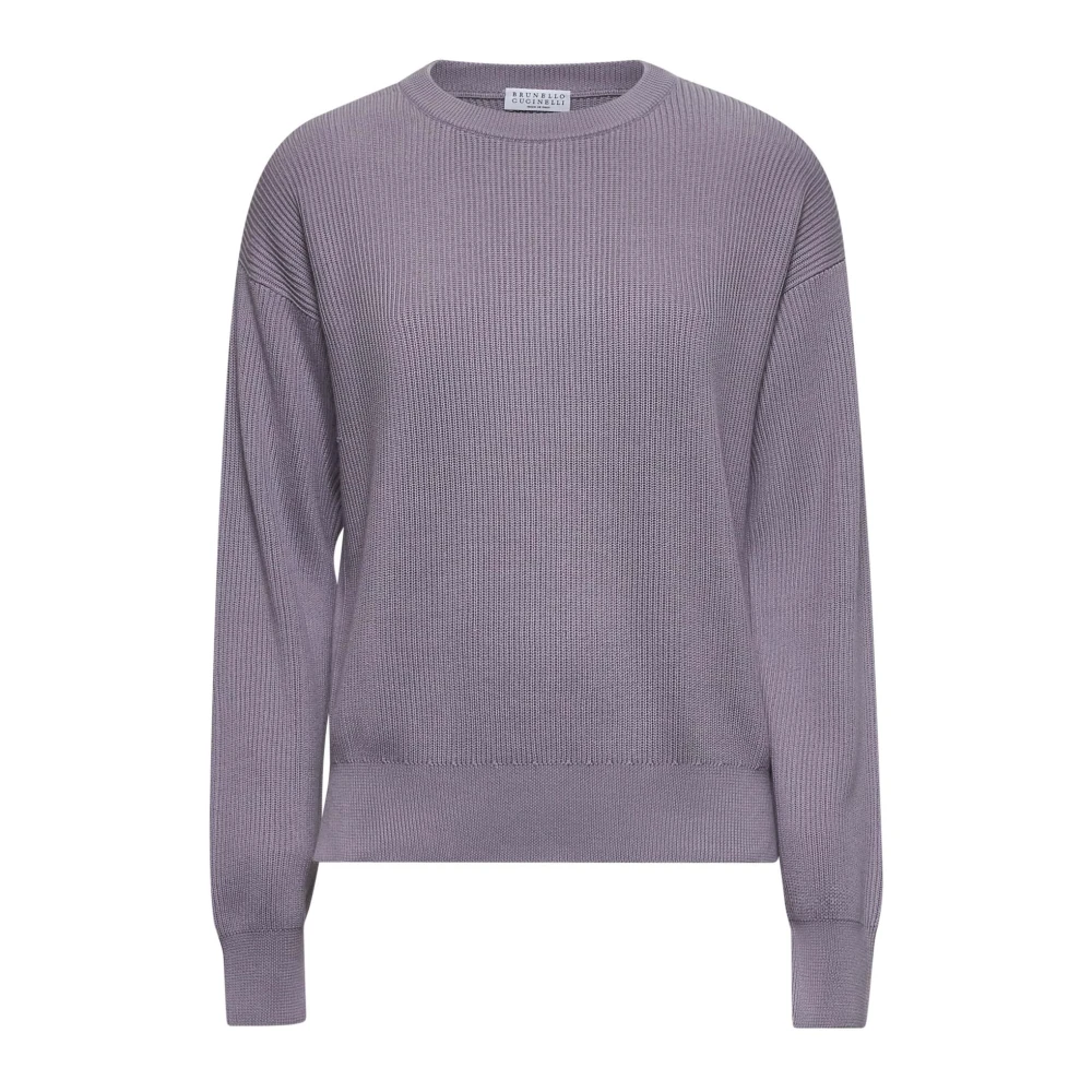 BRUNELLO CUCINELLI Paarse Geribbelde Crewneck Sweater met Monili Borduursel Purple Dames