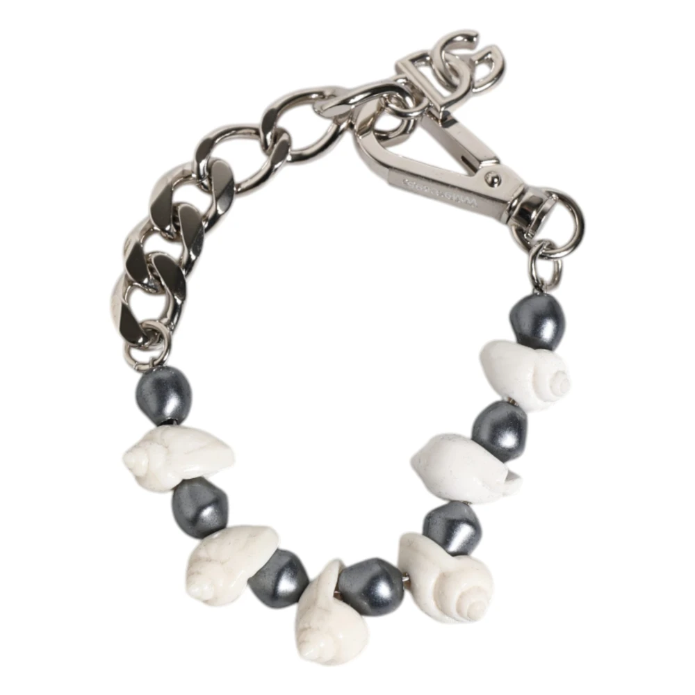 Dolce & Gabbana Unisex Gray Bracelets, One Size, Beaded Shell Dg Logo Pendant Bracelet