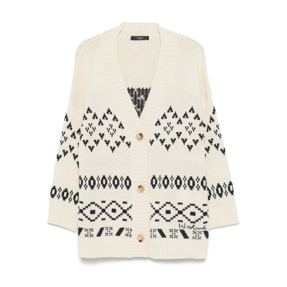 Max Mara Weekend Jacquard V-Neck Cardigan Sweater White, Dam