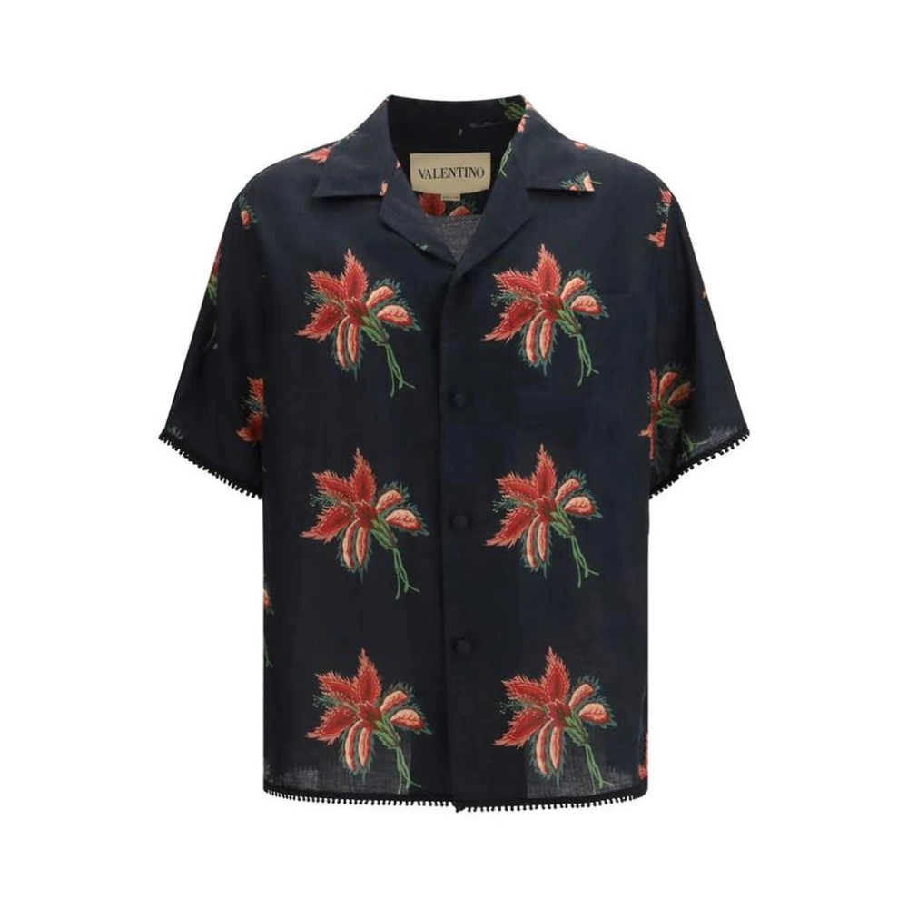 Valentino Hombre Negro - Camisa De Lino Estampada Con Diseño Clásico - Shirts - M