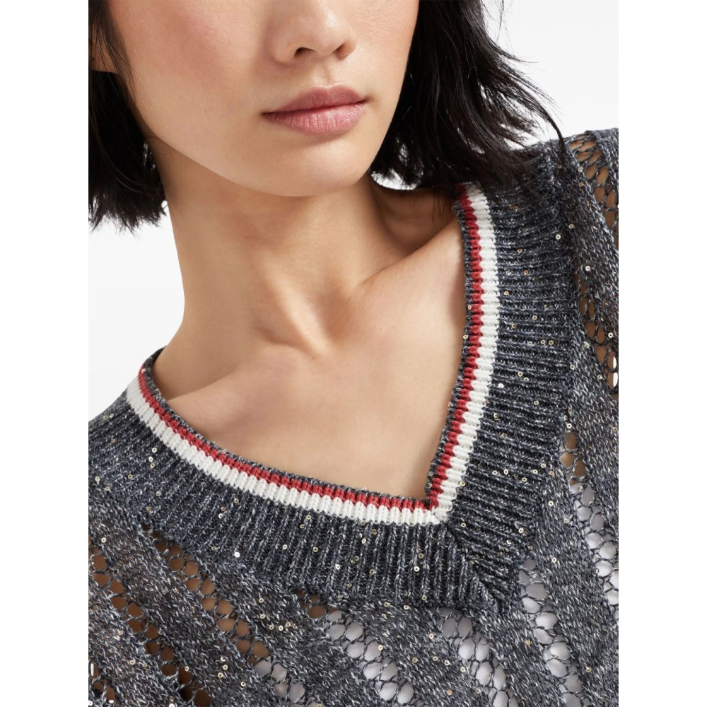 BRUNELLO CUCINELLI Grijze Trui met Gestreepte Rand Gray Dames