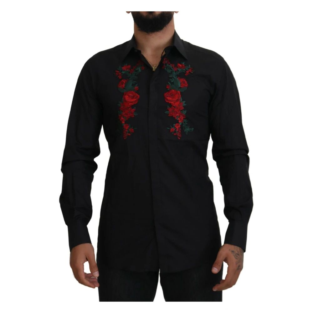 Dolce & Gabbana Men's Black Casual Shirts, S, Floral Embroidery Long Sleeves Gold Shirt
