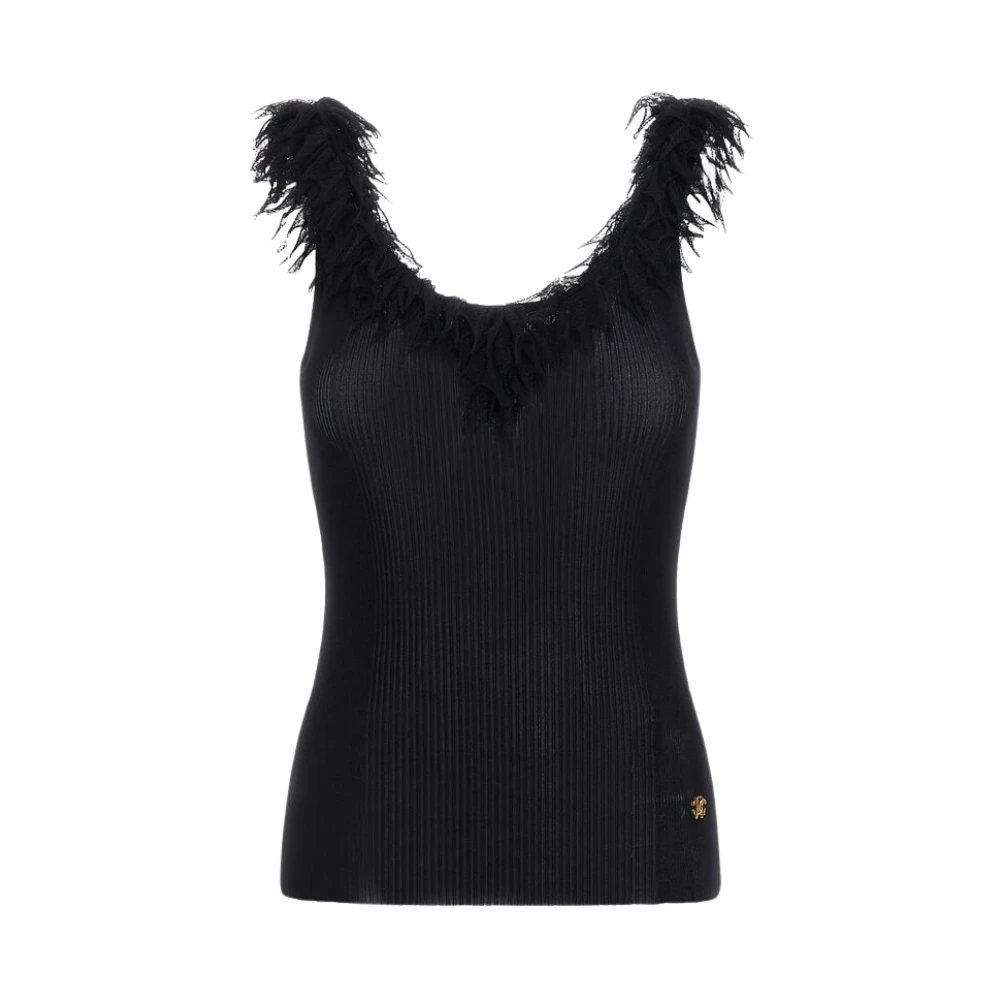 Roberto Cavalli Women's Black Chic Knit Top With Frayed Trim - Sleeveless Tops - M - Tops