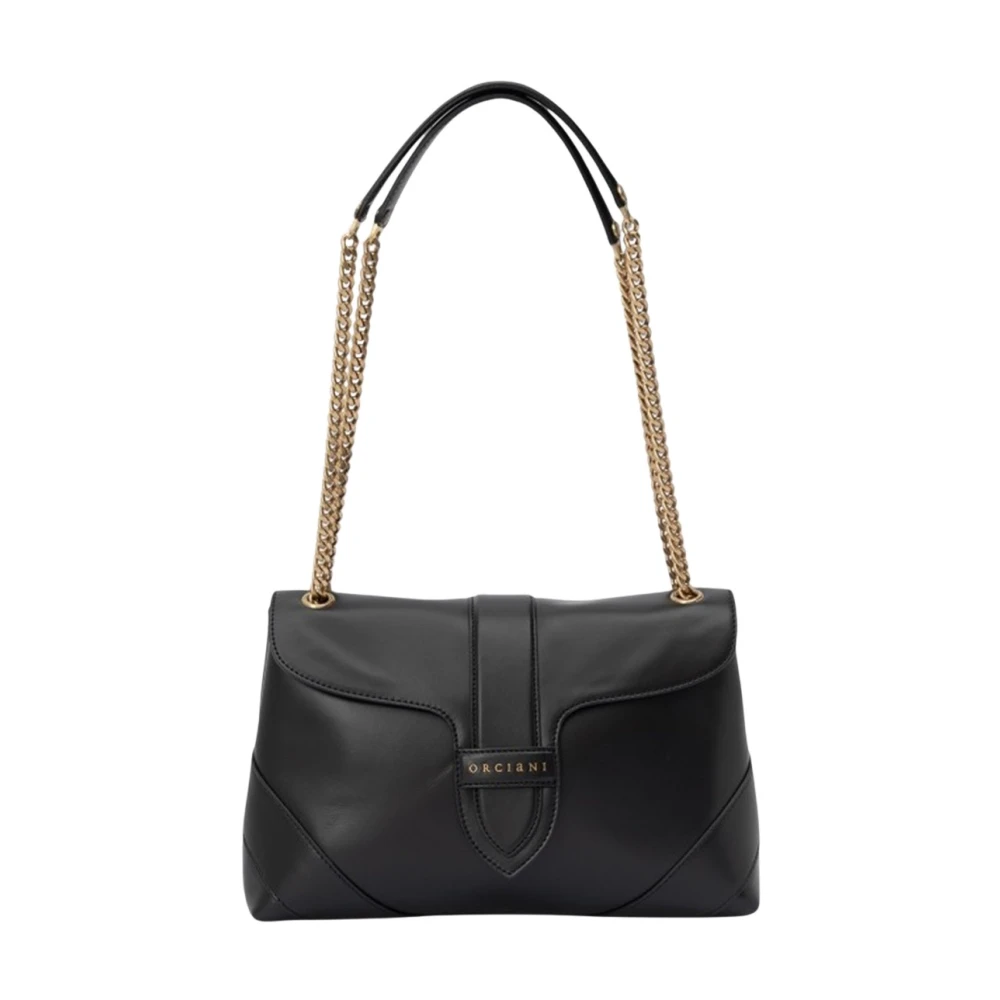 Orciani Zwarte Leren Schoudertas met Kettingriem Black Dames
