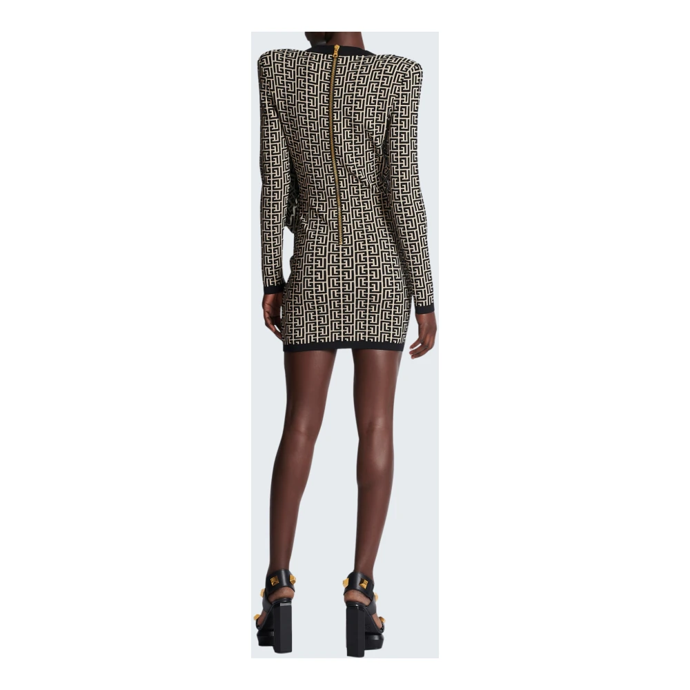 Balmain Draped V-Hals Monogram Gebreide Korte Jurk Black Dames