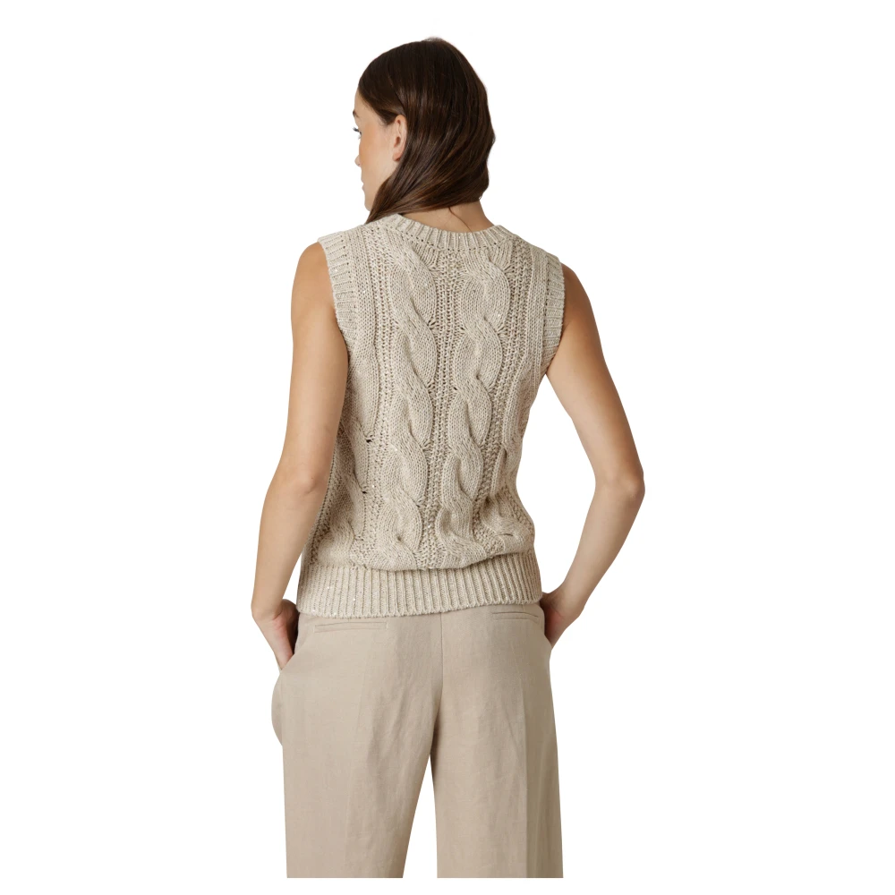 Eleventy Mouwloze Katoenen Linnen Metallic Gebreide Top Beige Dames