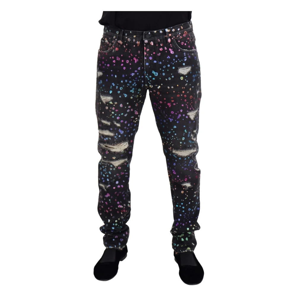 Dolce & Gabbana Men's Multicolor Slim Fit Jeans, L, Black Print Tattered Denim Jeans