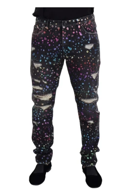 Svarta Multifärgade Tryckta Slitna Jeans