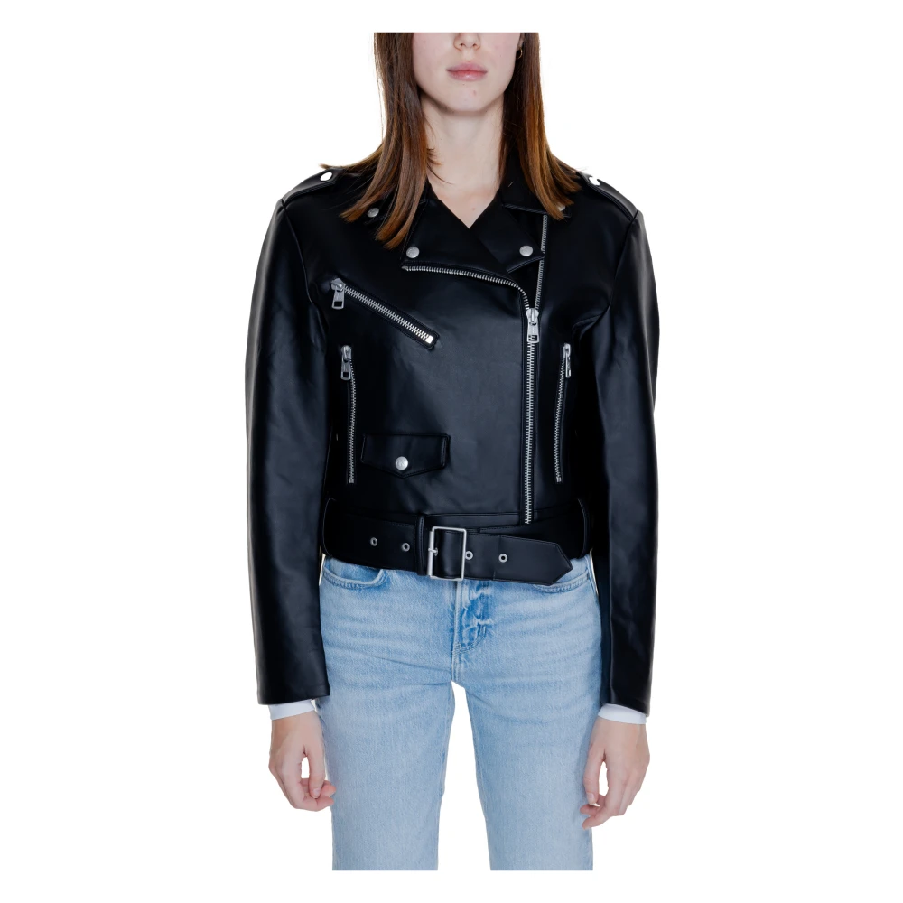 Calvin Klein Zwarte Rits-Front Nep Leer Blazer Black Dames