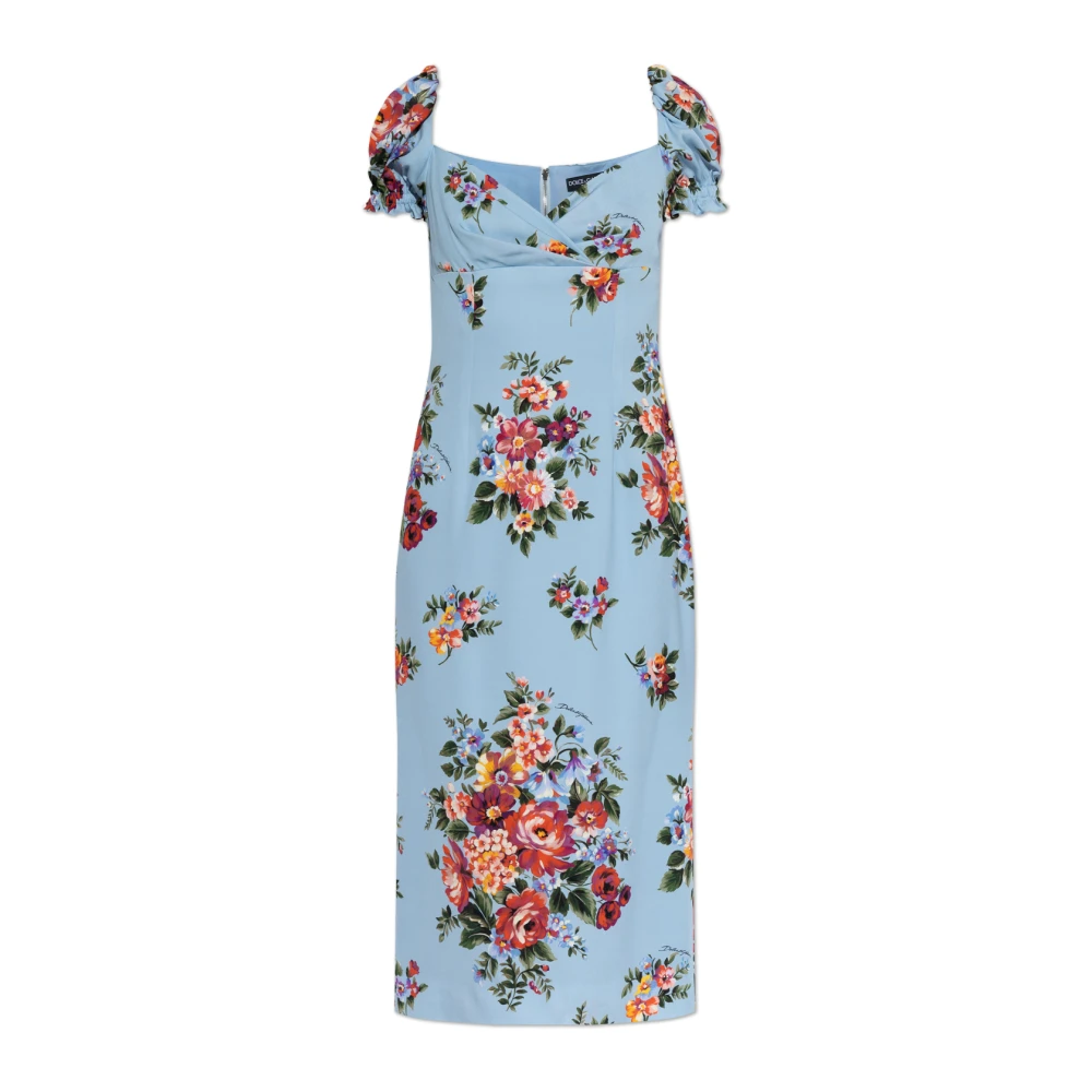 Dolce & Gabbana Blue Silk Dress With Floral Motif - Female - Midi Dresses - Xl - Dresses
