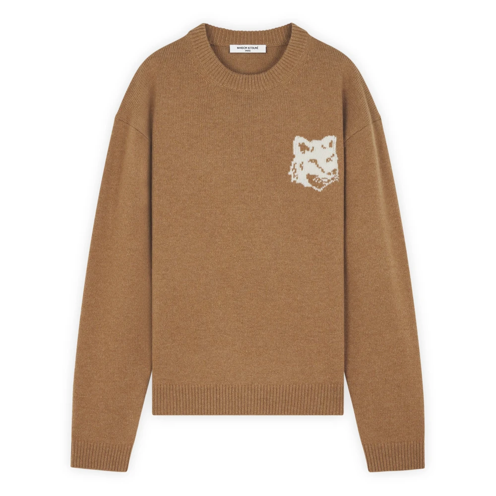 Maison Kitsuné Intarsia Wol Logo Trui Brown Heren