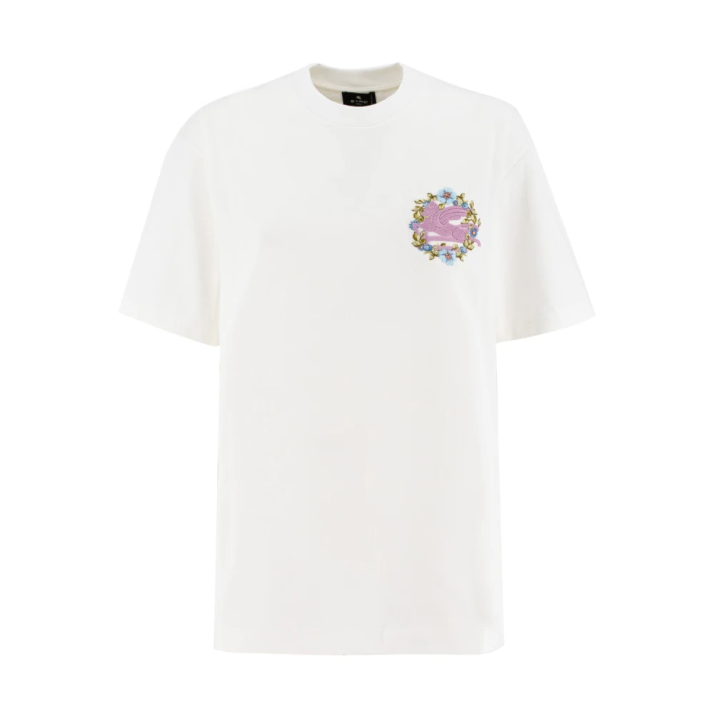 ETRO Bloemen Pegasus Crewneck Katoenen T-shirt White Dames