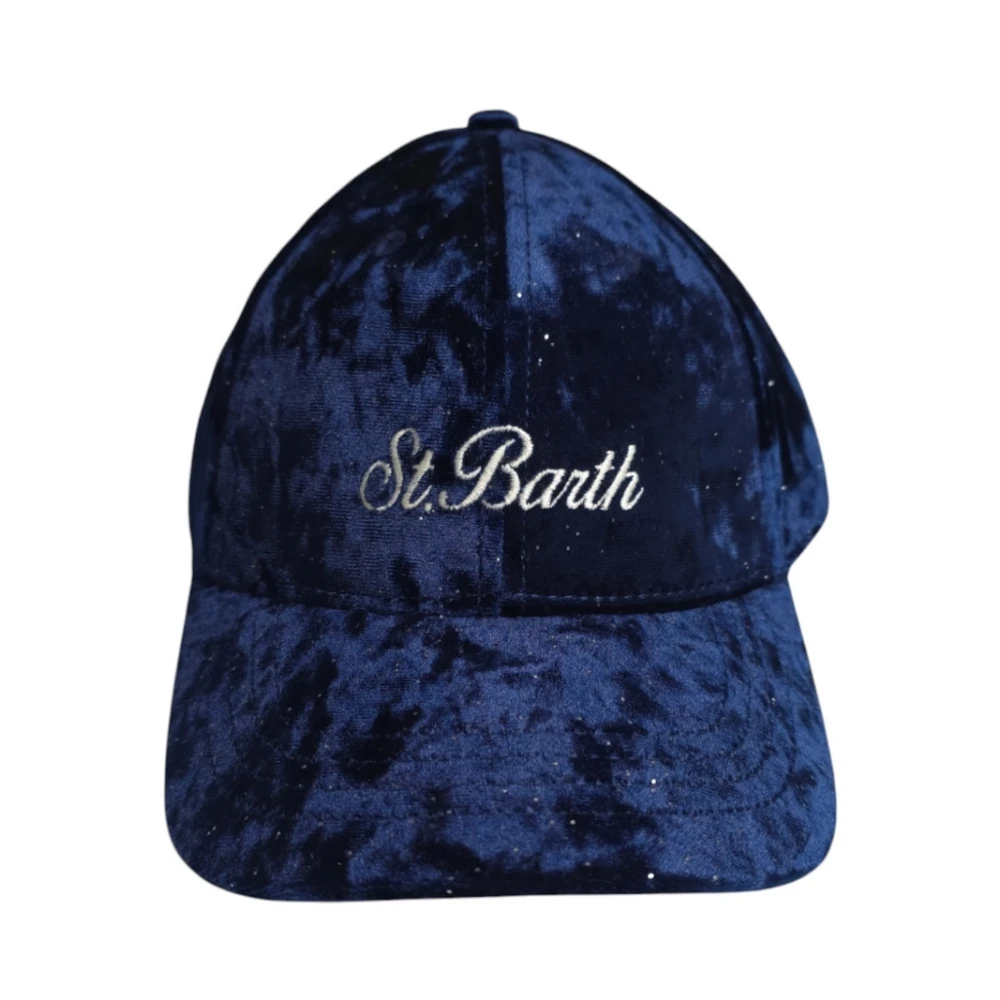 MC2 Saint Barth Blauwe Velvet Baseballpet met Strass Borduursel Blue Dames