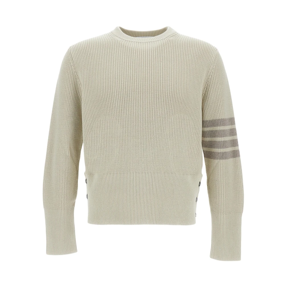 Thom Browne Men's Beige Round-Neck Knitwear, M, Cotton Cardigan Stitch 4-Bar Pullover