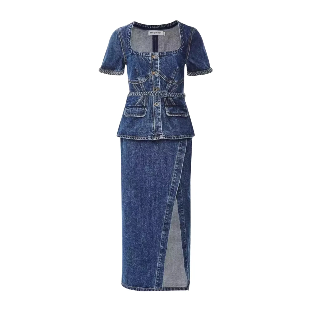 Self Portrait Navy Midi Denim Jurk Blue Dames