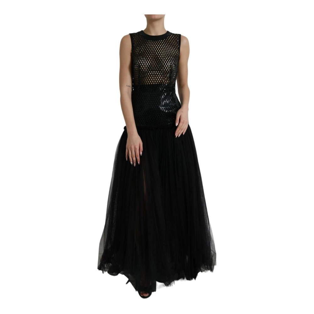Dolce & Gabbana Elegant Zwart Paillet Mesh Gown Jurk Black Dames