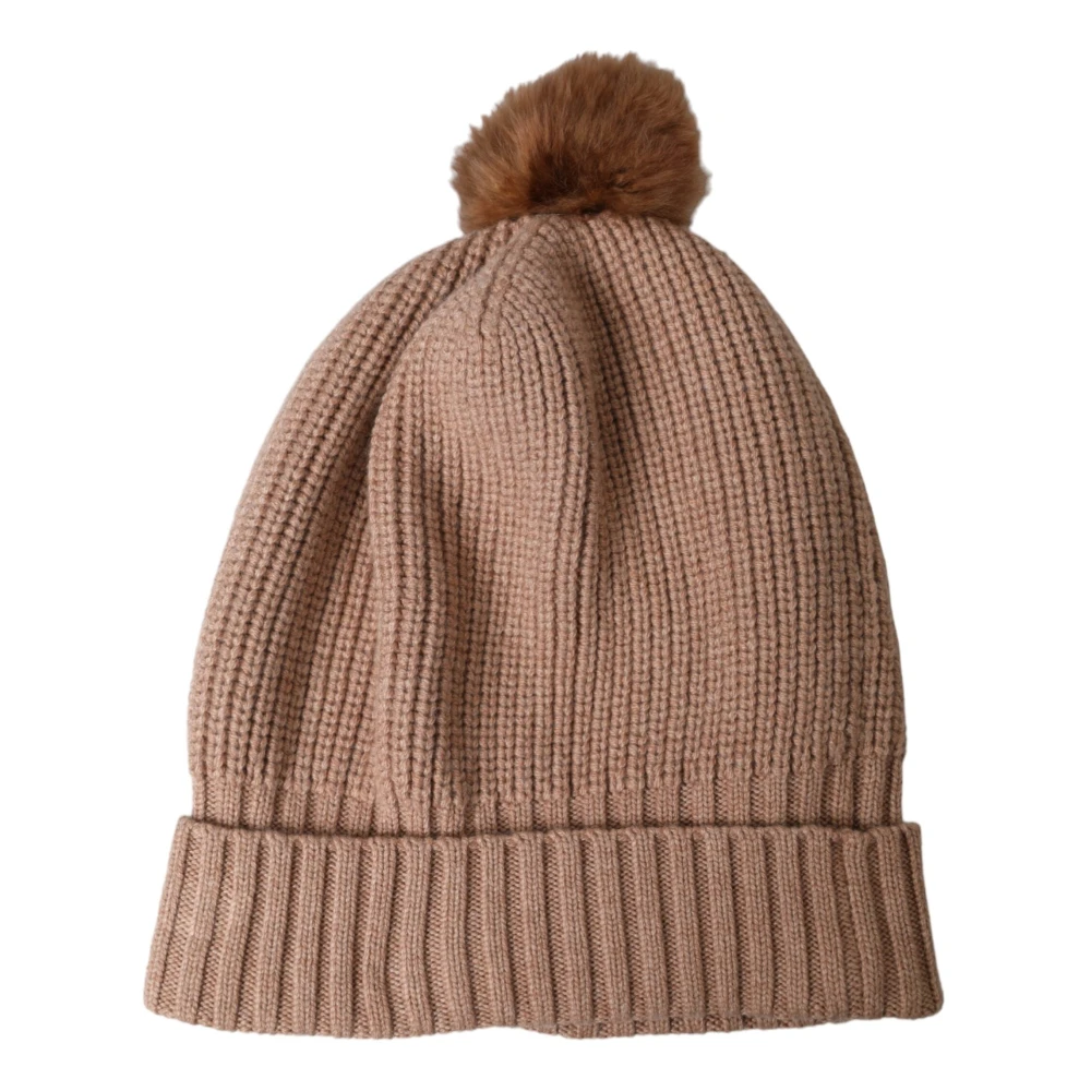 Dolce & Gabbana Bruine Gebreide Bontbal Winter Beanie Hoed Brown Dames