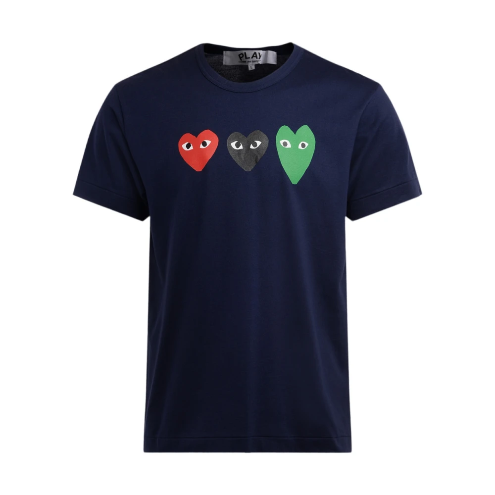 Comme des Garçons Play Blå Bomull T-shirt med Multifärgade Hjärtan Blue, Herr