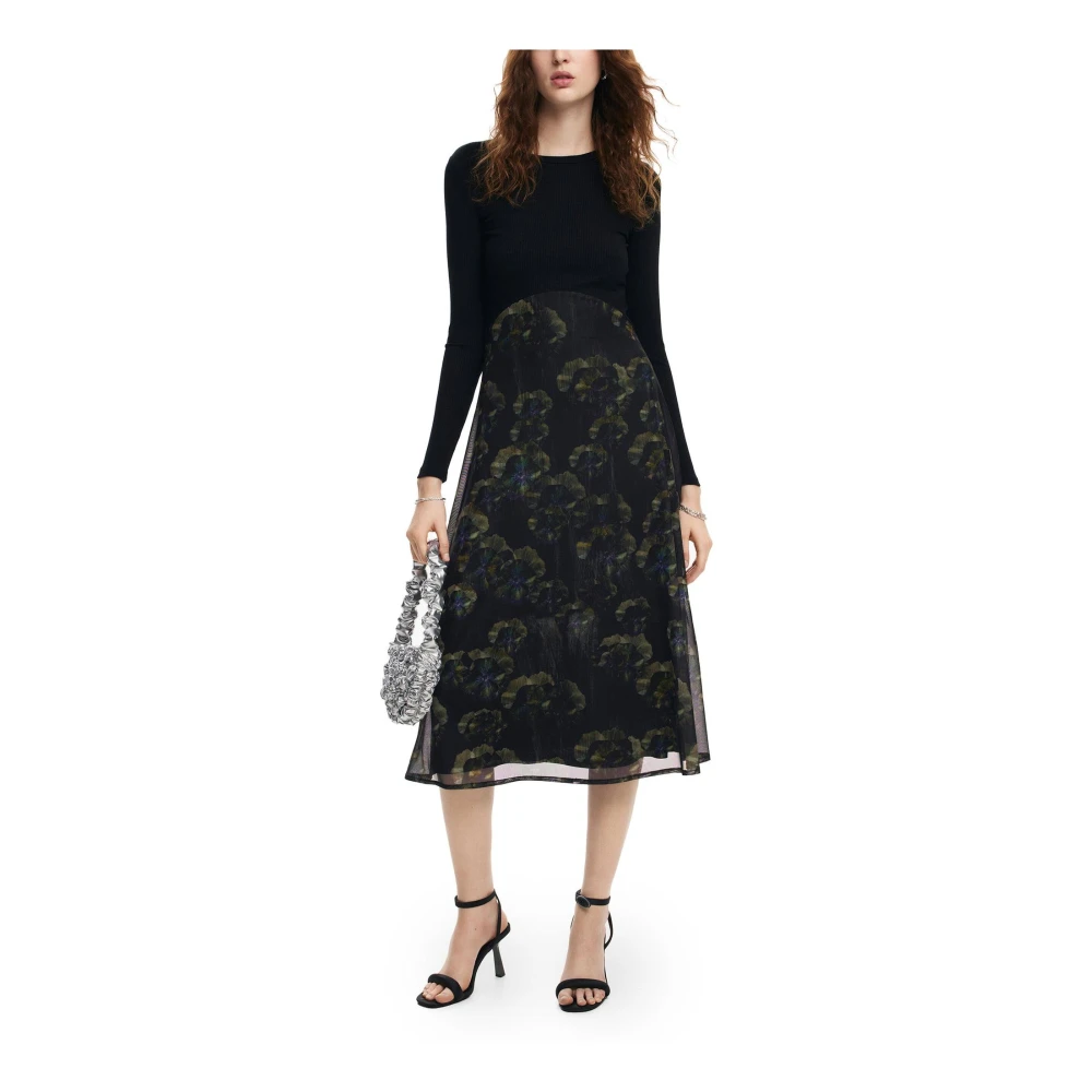 Desigual Bloemenprint lange mouw midi jurk Black Dames