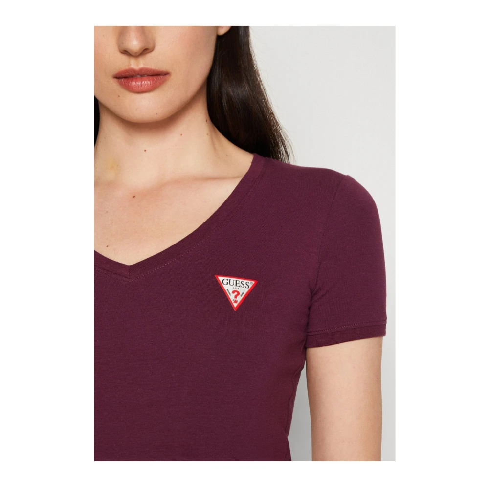 Guess Paarse V-hals T-shirt met Opgezet Logo Purple Heren