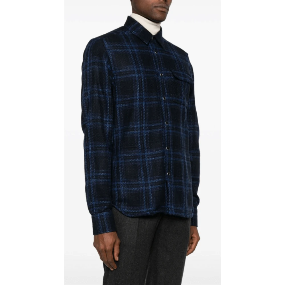 Kiton Navy Blue Plaid Shirt Blue Heren