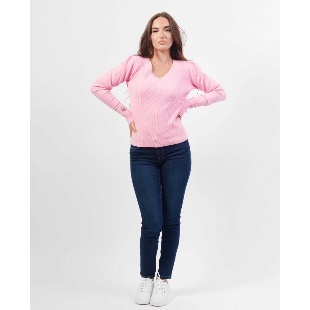 Fracomina Roze V-hals trui met geborduurde details Pink Dames