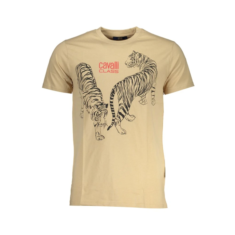 Cavalli Class Beige Cotton Printed Logo T-Shirt - Male - T-Shirts - Beige - 2XL - Tops