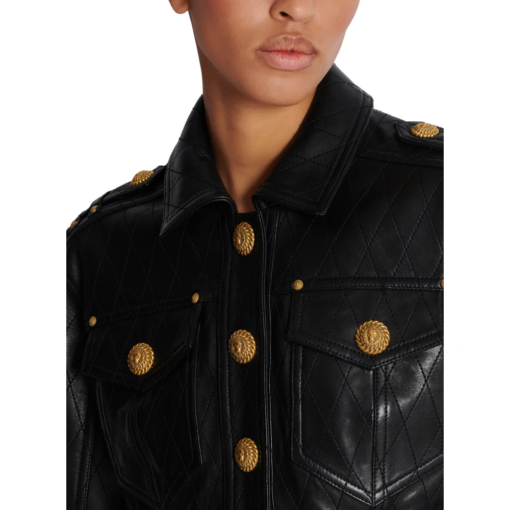 Balmain Topgestikte cropped leren jas Black Dames