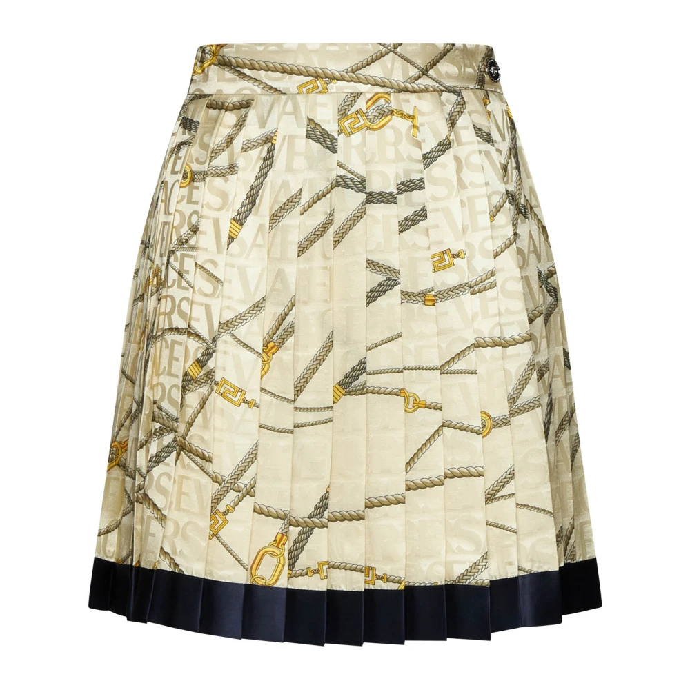 Versace Zijden Logo Print Geplooide Rok Beige Dames