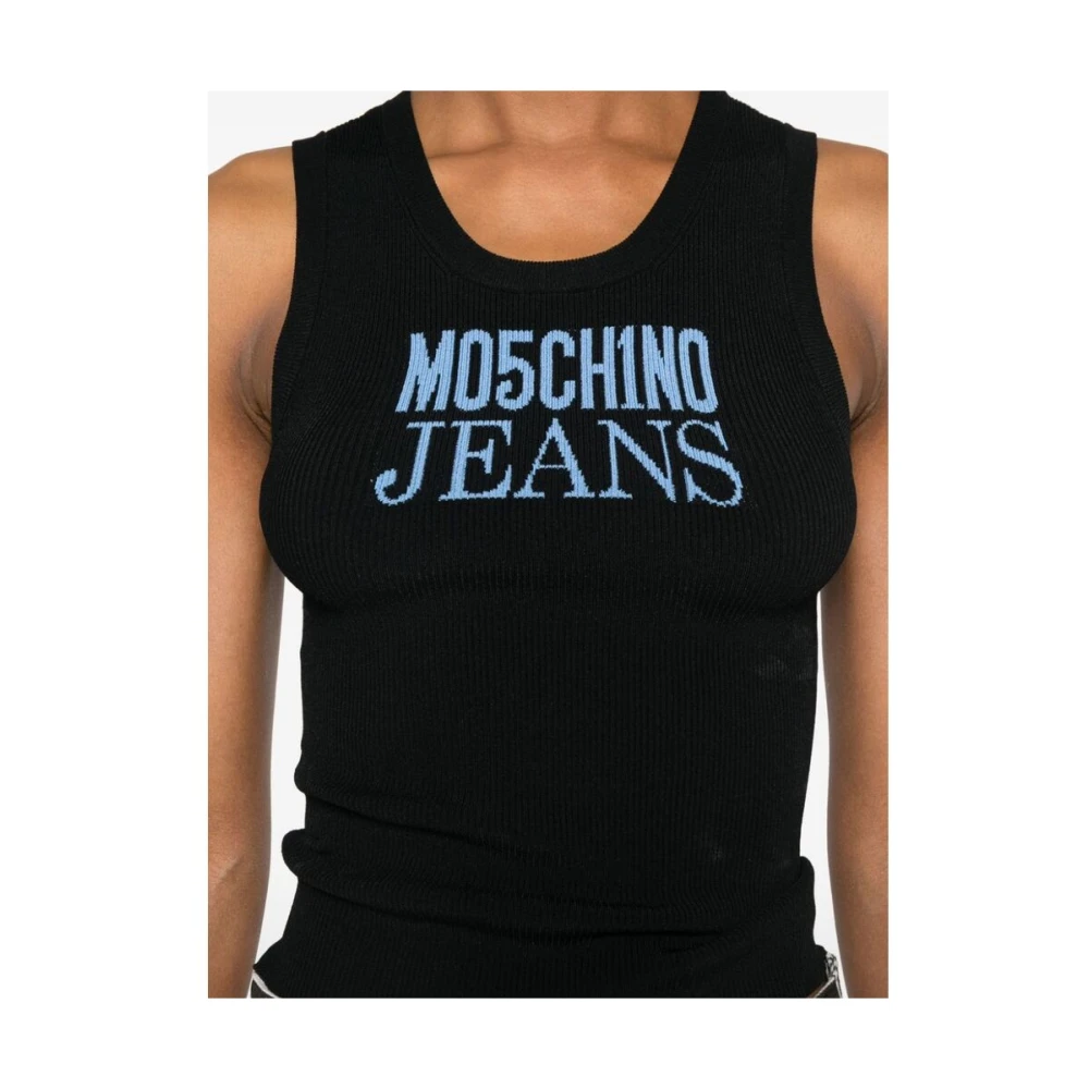 Moschino Zwarte Gebreide Mouwloze Trui met Logo Black Dames