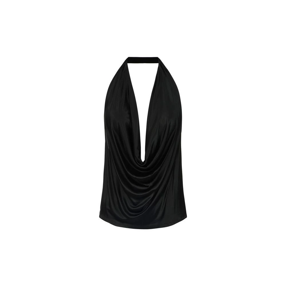 Elisabetta Franchi Women's Black Sleeveless Tops, L, Shiny Viscose Jersey Top