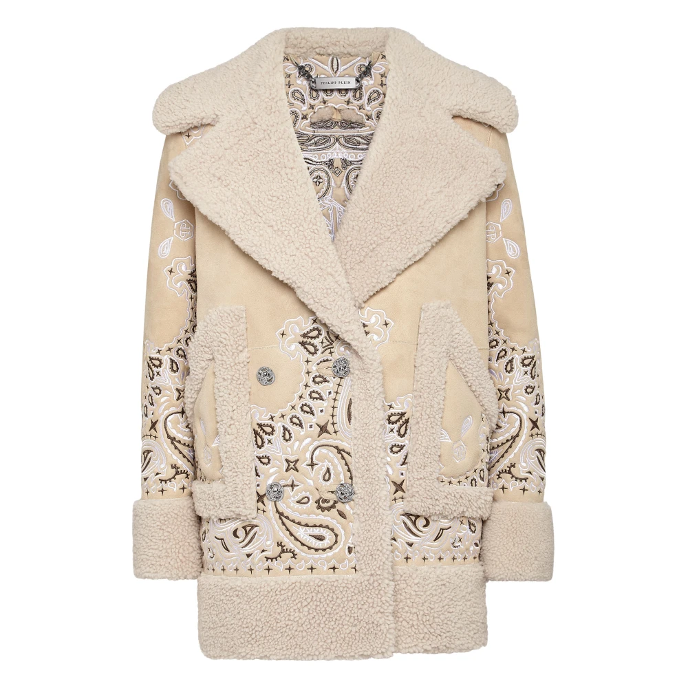 Philipp Plein Donna Beige Cappotto Lungo Oversize In Shearling Con Stampa Paisley Bandana