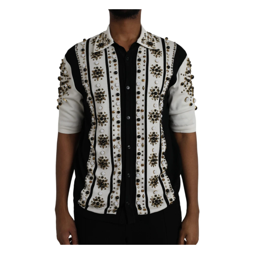 Dolce & Gabbana Zwart Wit Zijden Shirt met Studs en Kristallen Multicolor Heren