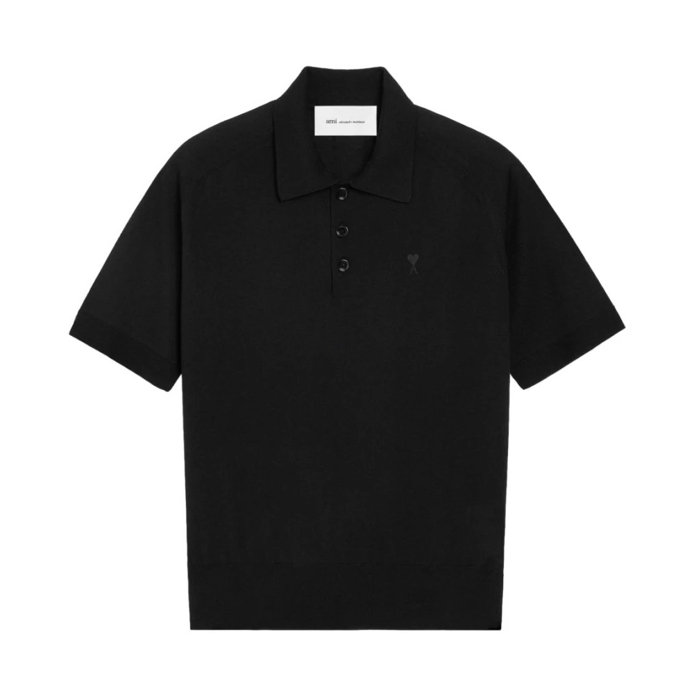 Ami Paris - Black Wool Short Sleeves Ami De Coeur Polo Black - : - For Medium Mainmaterial:wool,Mainmaterial:wool Men's - Image 2