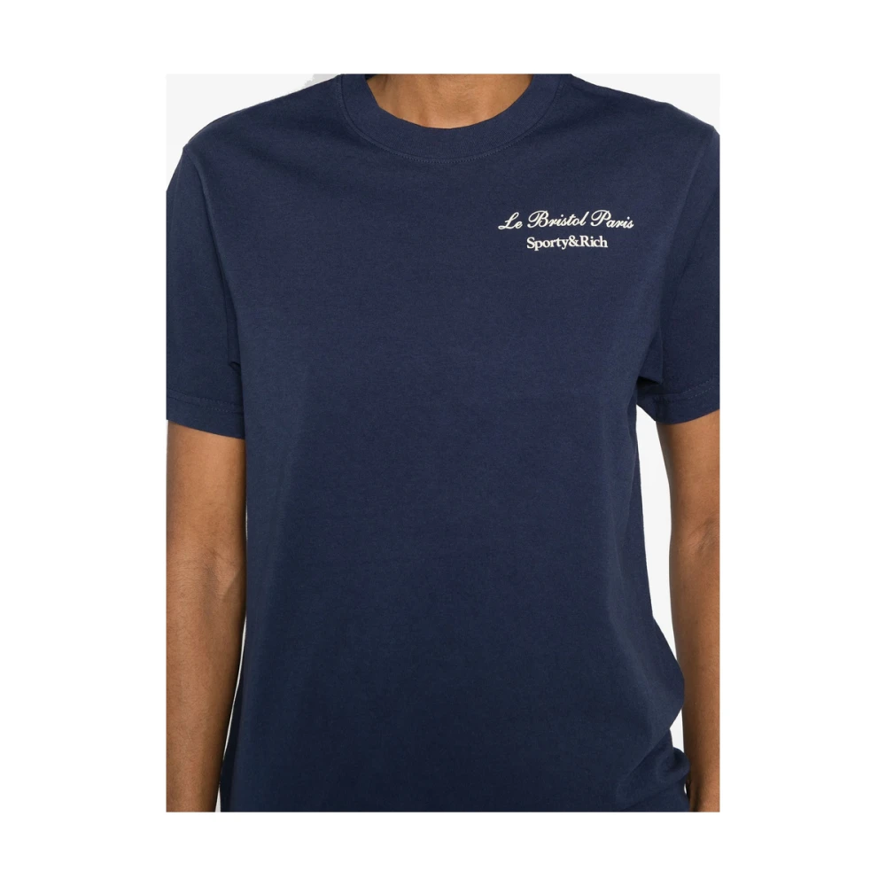 Sporty & Rich Navy Blue Logo Print Crew Neck T-shirt Blue Dames