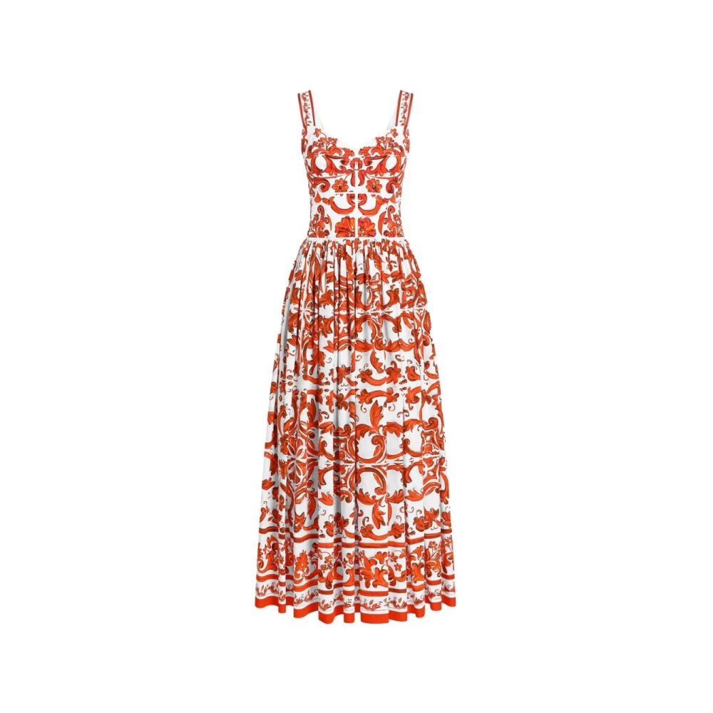Dolce & Gabbana Multicolor Maxi Dresses, Female, L, Majolica-Print Long Poplin Dress