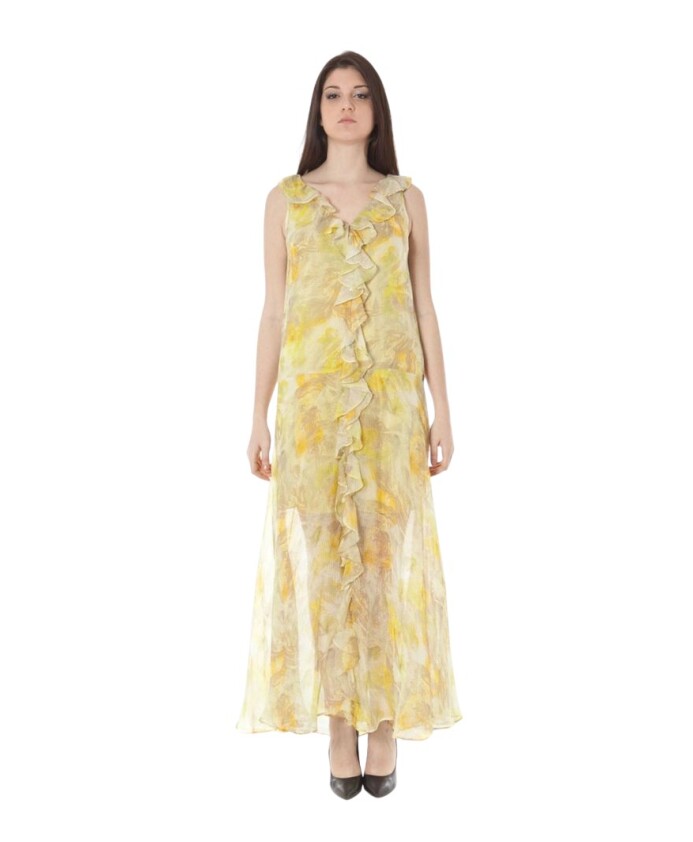 robe-longue-jaune-en-polyester-a-col-en-v