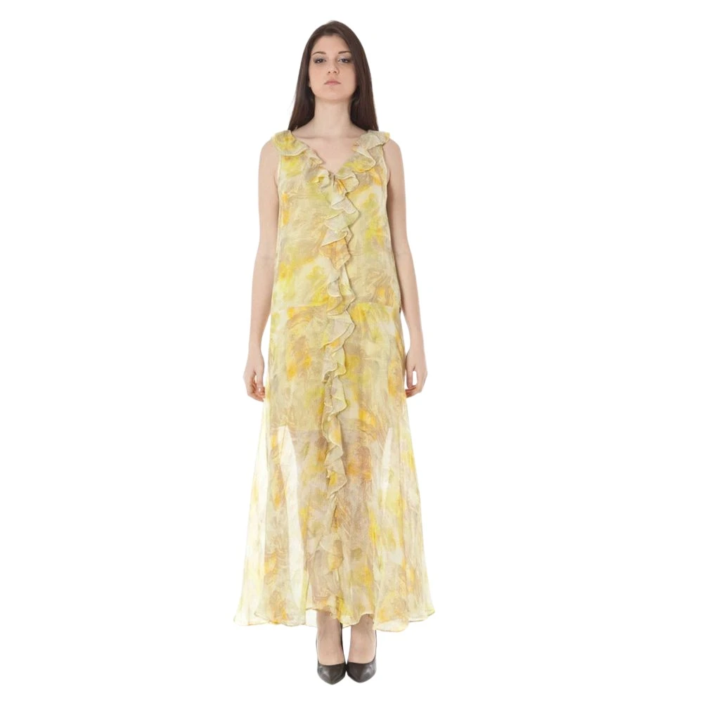 John Galliano V-Hals Lange Gele Polyester Jurk Yellow Dames