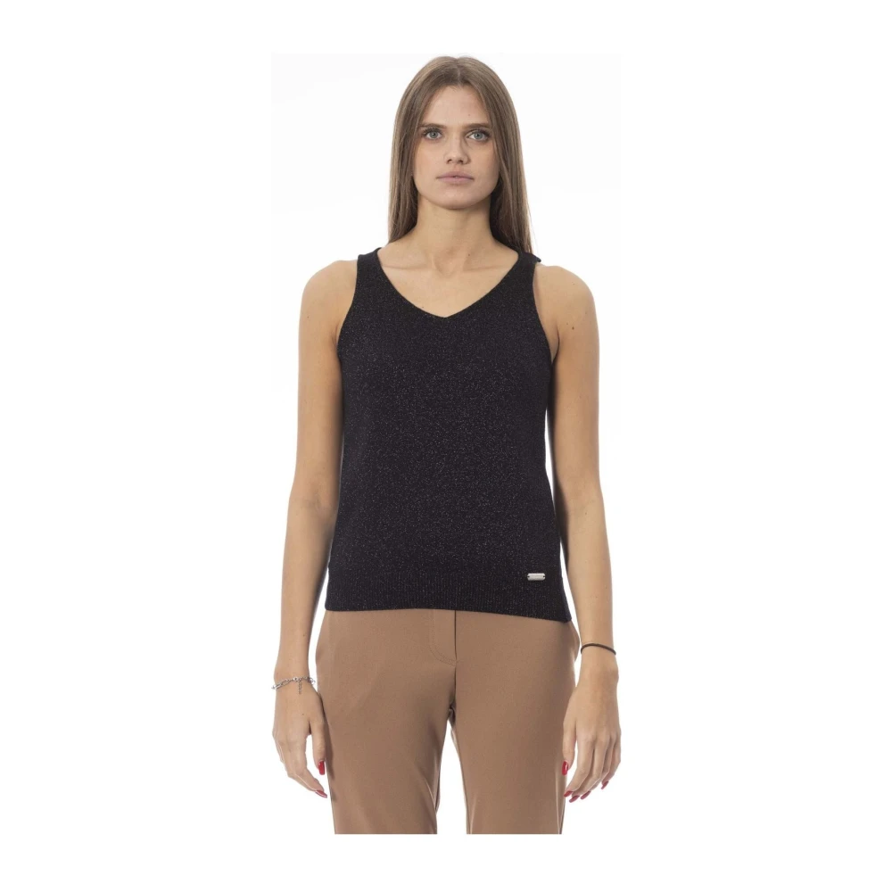 Baldinini Geribbelde tanktop met metalen monogram Black Dames
