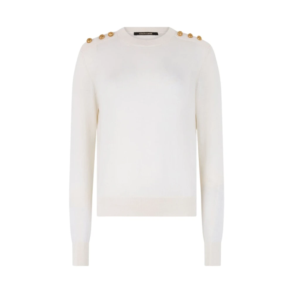 Roberto Cavalli Women's White Jumper With Gold Buttons - Round-Neck Knitwear - M - Knitwear